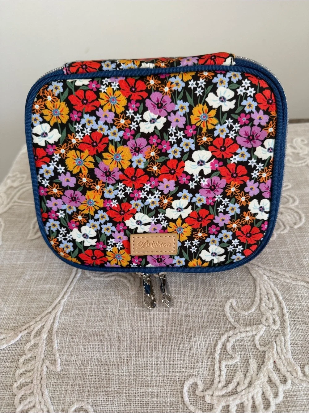 Brighton Painted Poppies Jewelry Case Floral Multicolor with Navy Trim
